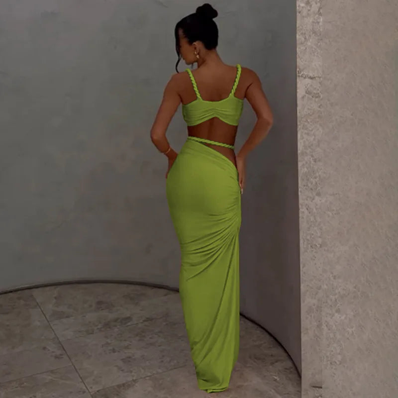 Women's Ruched Bandage 2 Piece Set Backless Decorative Cord Top and Skirt Dress Set