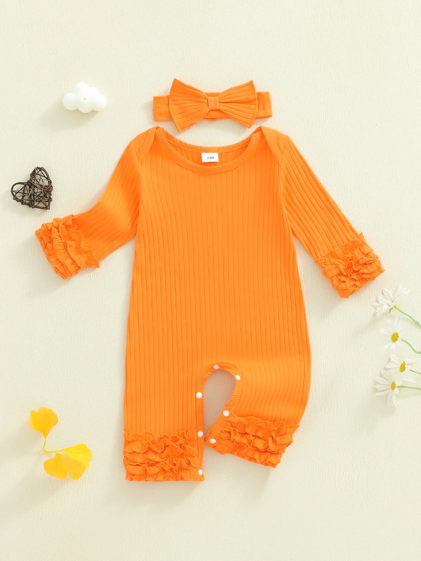 Baby Girls Solid Colour Romper with Bow Headband (0-18M)