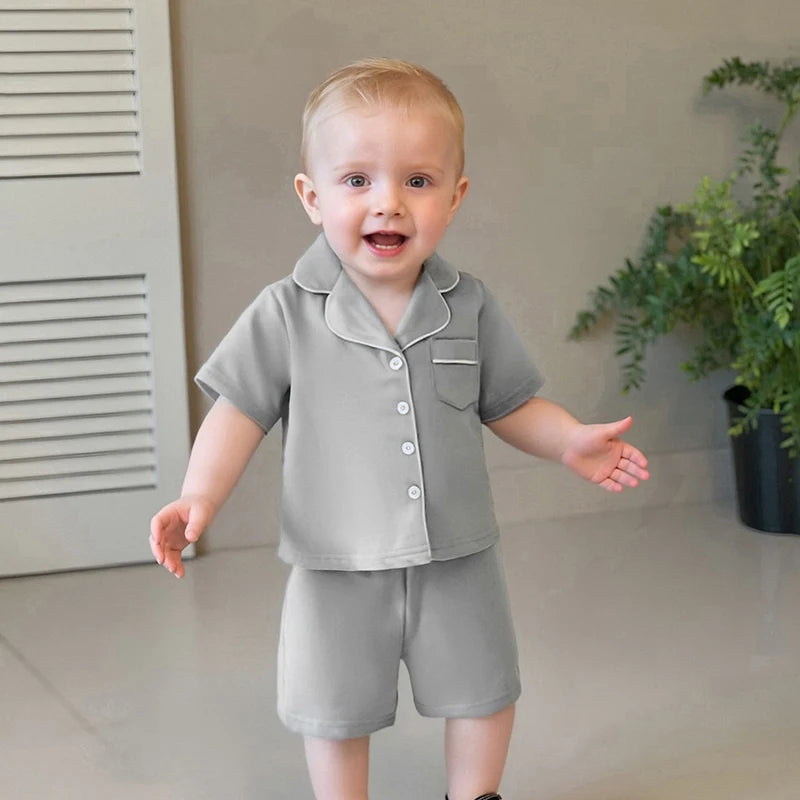 0-8Y Summer Toddler Kids Boys Girls Pyjamas Clothes Set Solid Contrast Trim Lapel Short Sleeve Button Down Tops Shorts