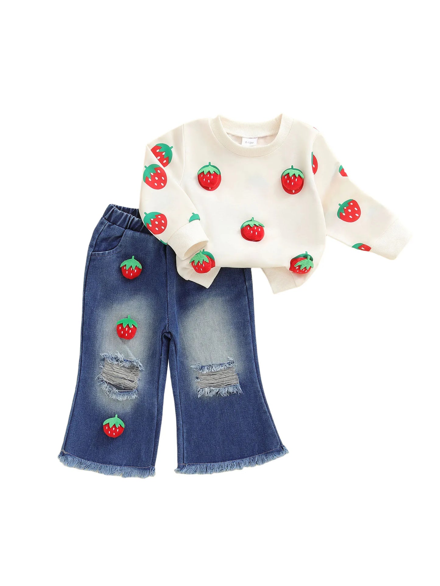 Kids Girls Fall Winter Clothes Set - 3D Strawberry Long Sleeve Pullover Top & Ripped Denim Flare Pants