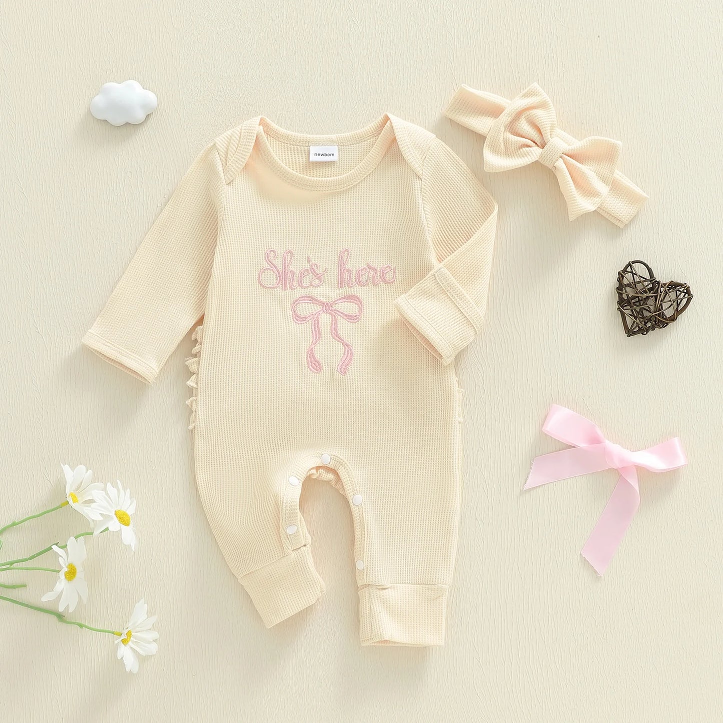 Newborn Baby Fall Winter Romper - Bow Letter Print Waffled Jumpsuit with Headband (0-6M)