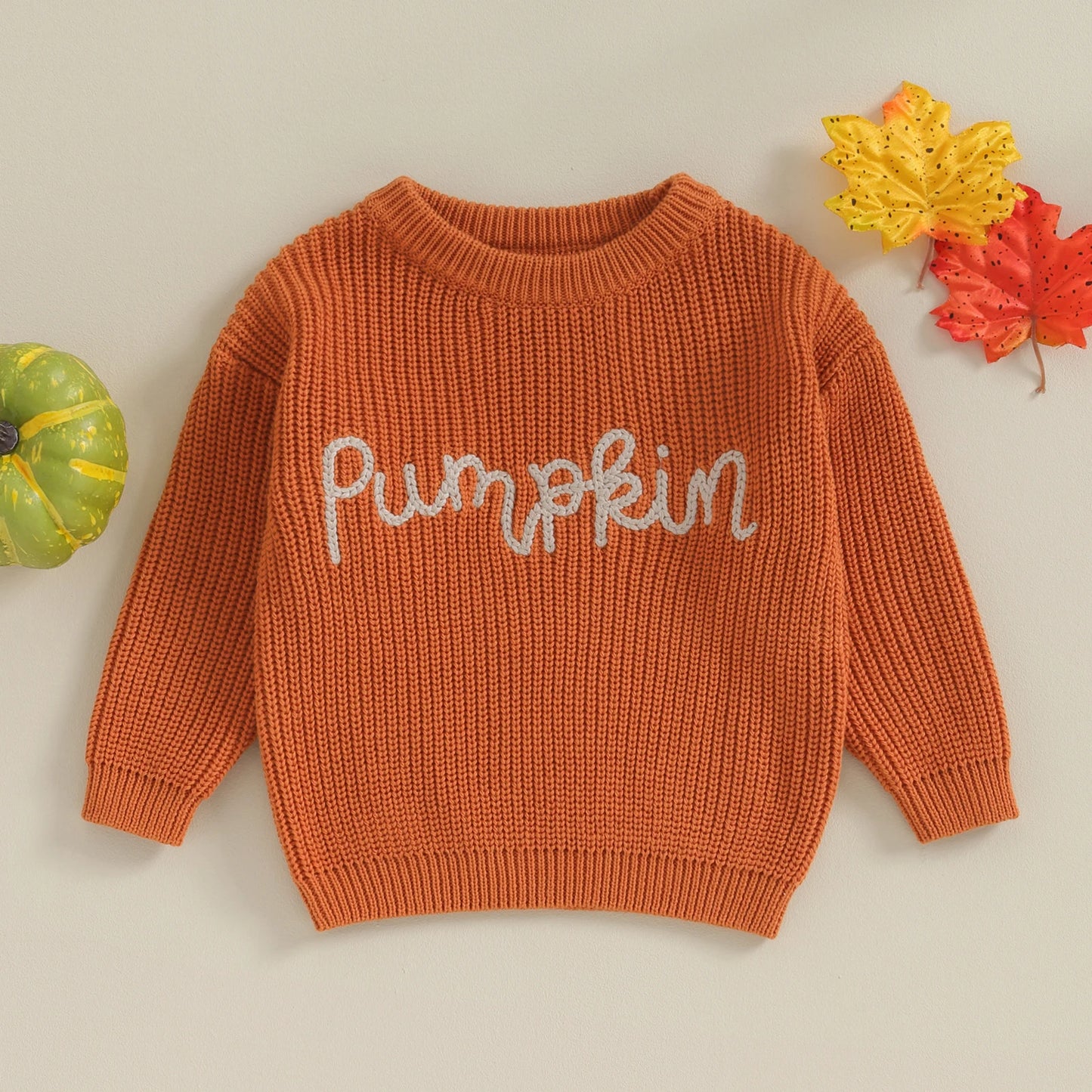 0-3Y Toddler Baby Girls Boys Autumn Winter Knit Sweater 3 Colors Long Sleeve Pumpkin Letter Embroidery Knitwear