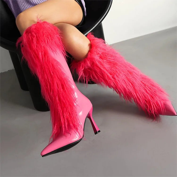 Women's Pointed Patent Leather Knee High Side Zipper High Heel Boots