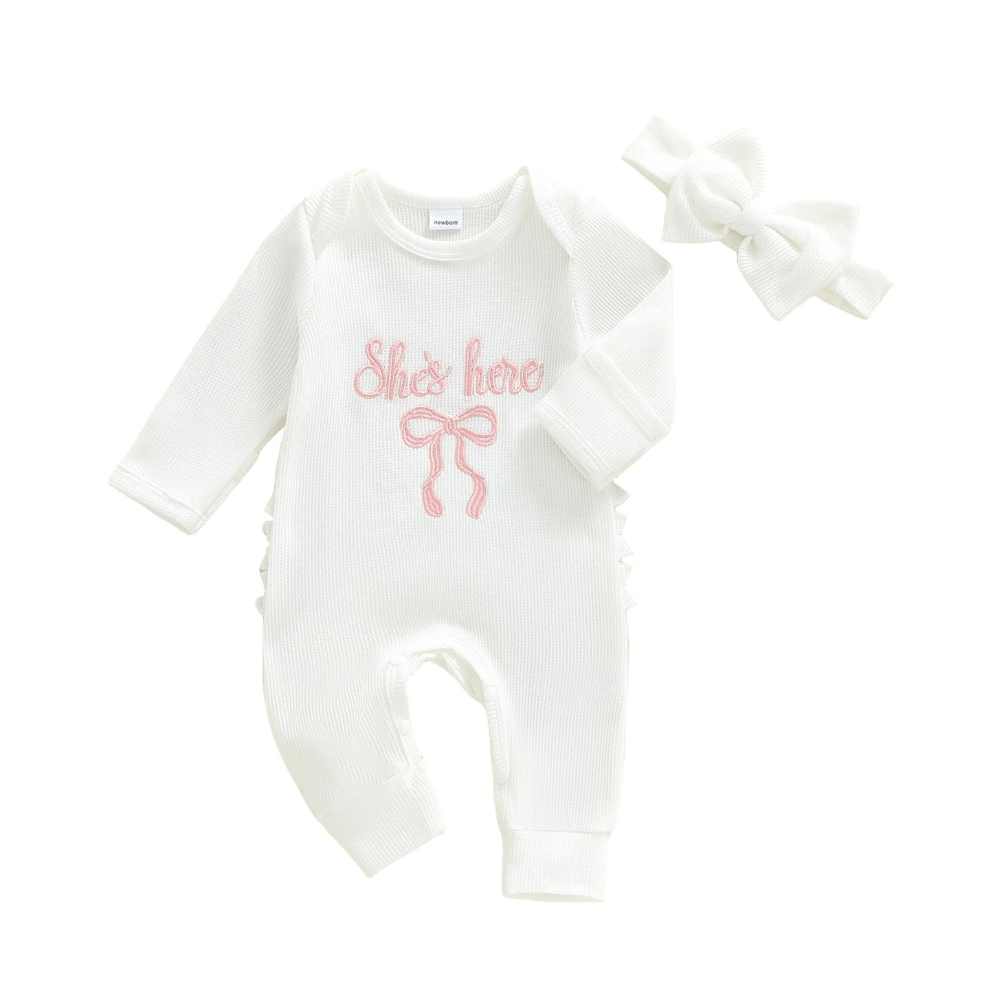 Newborn Baby Fall Winter Romper - Bow Letter Print Waffled Jumpsuit with Headband (0-6M)