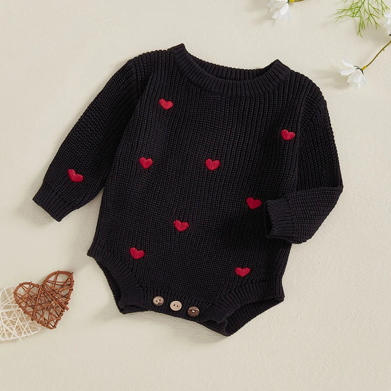 Newborn Baby Girl's Sweater Romper - Heart Knit Long Sleeve Jumpsuit for Valentine's