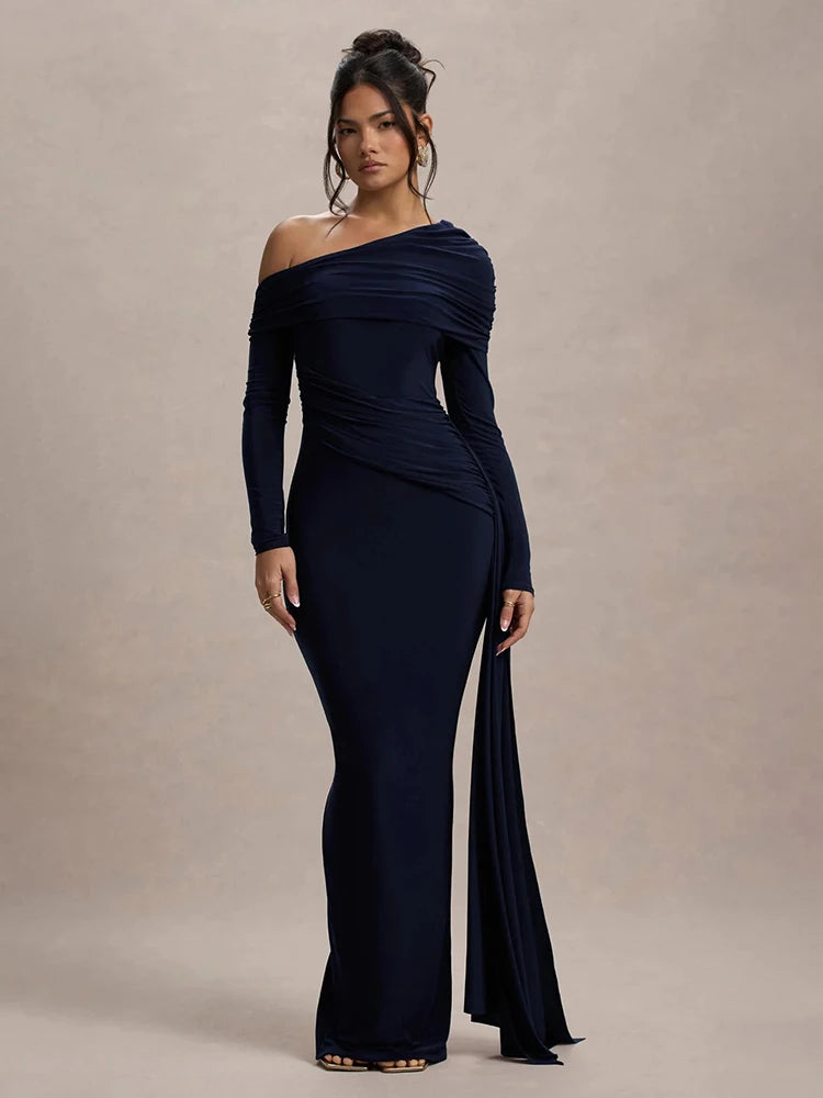Women's Skew Collar Long Sleeve Maxi Backless Draped Ruched Bodycon Long Dress