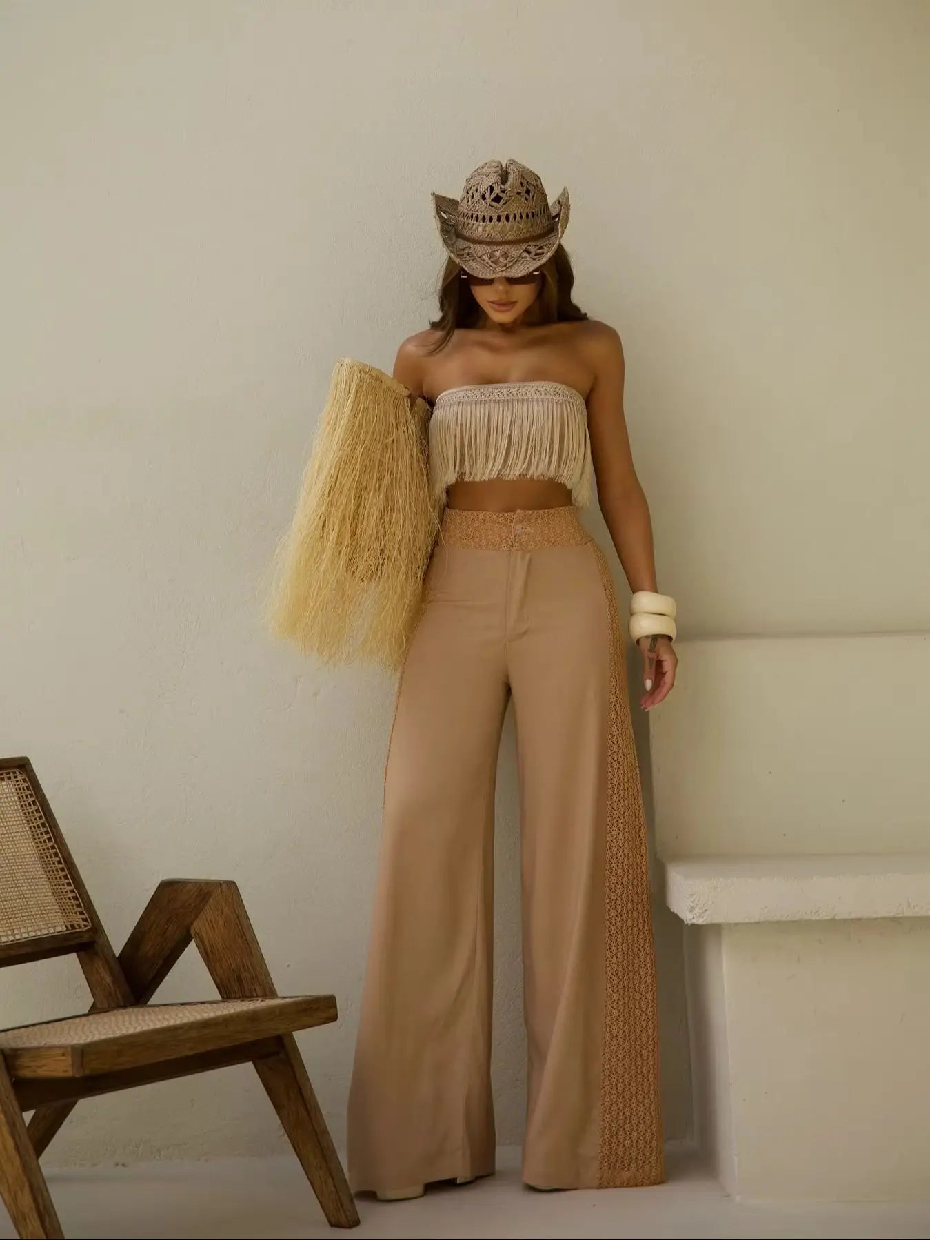 Women's Tassel Two Piece Wide-Leg Pants Summer and Tube Top Set