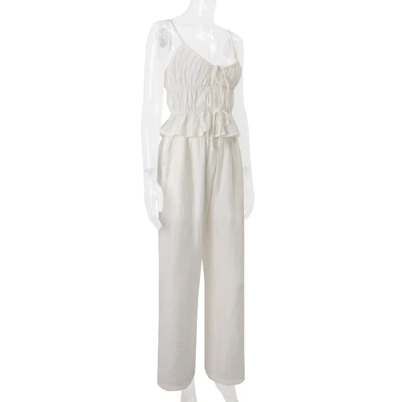 Women's Summer Tie Front Pleated Cami Top & Flare Pant Set - 2 Piece Holiday Outfit