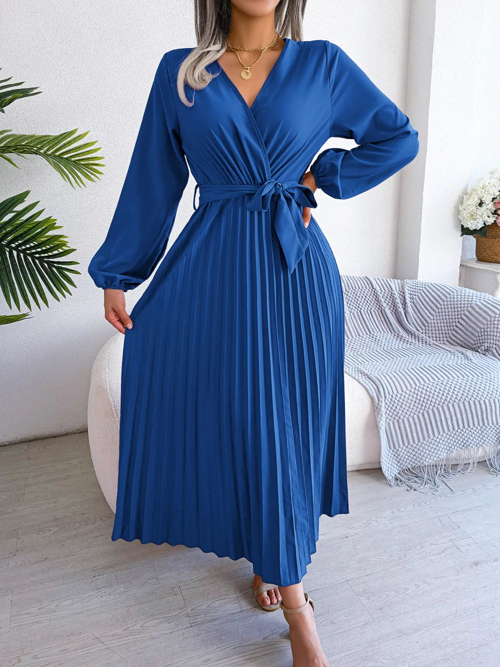 Women's Spring Summer Cross V Neck Large Hem Pleated Long Dress