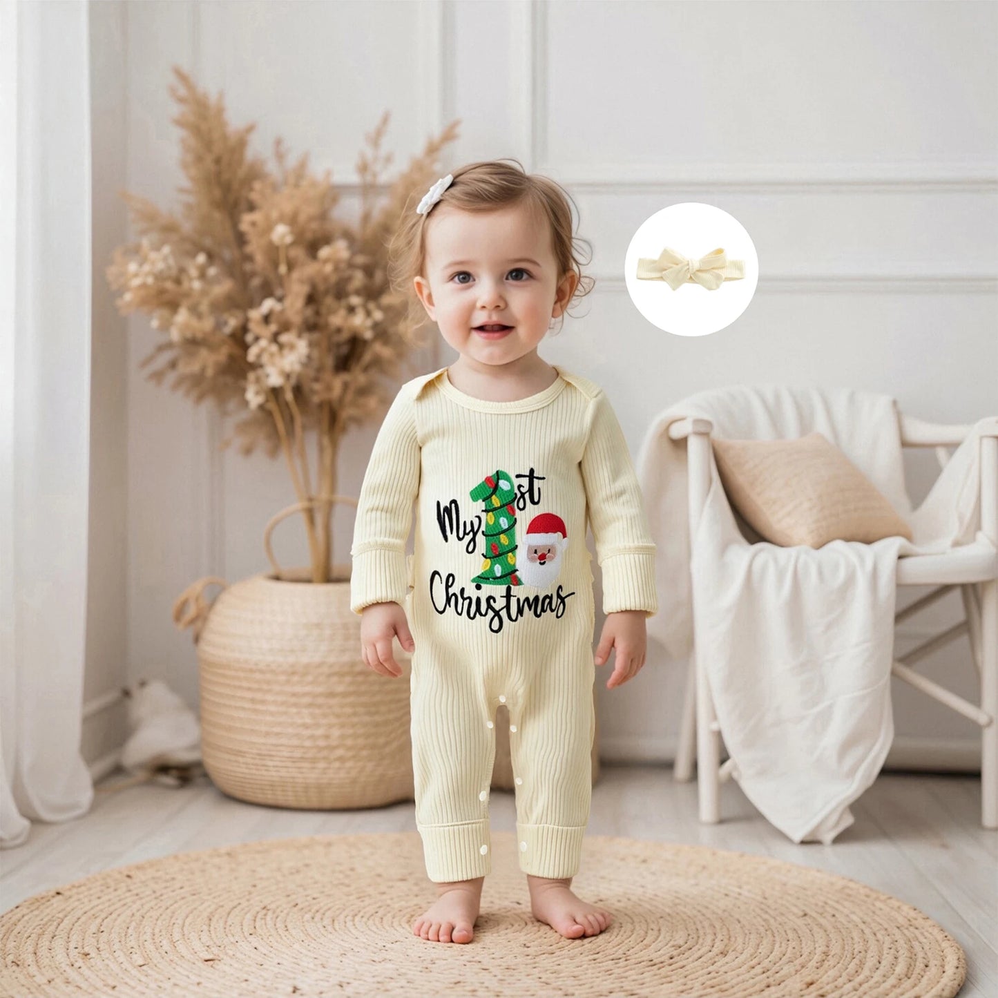 Newborn Baby Christmas Romper with Headband - Long Sleeve Xmas Tree Embroidery Jumpsuit
