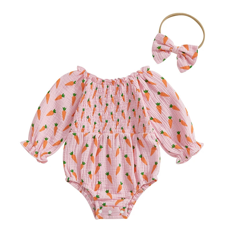 Baby Girls Easter Romper Set - Carrot Print Long Sleeve Jumpsuit with Bow Headband