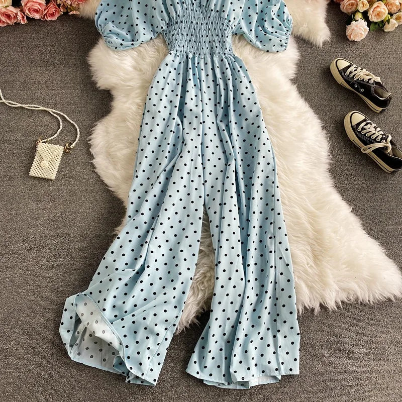 Women's V-Neck Floral Print Jumpsuit - Dolman Sleeves Wide Leg Trousers