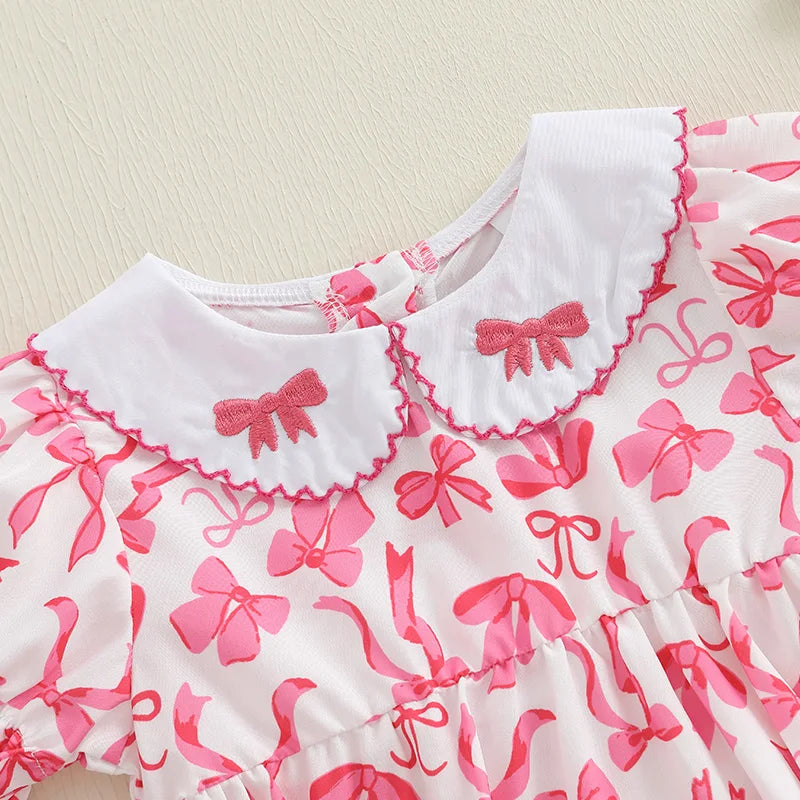 0-18M Summer Baby Girls Sweet Romper Short Sleeve Bow Embroidery Doll Collar Print Jumpsuit