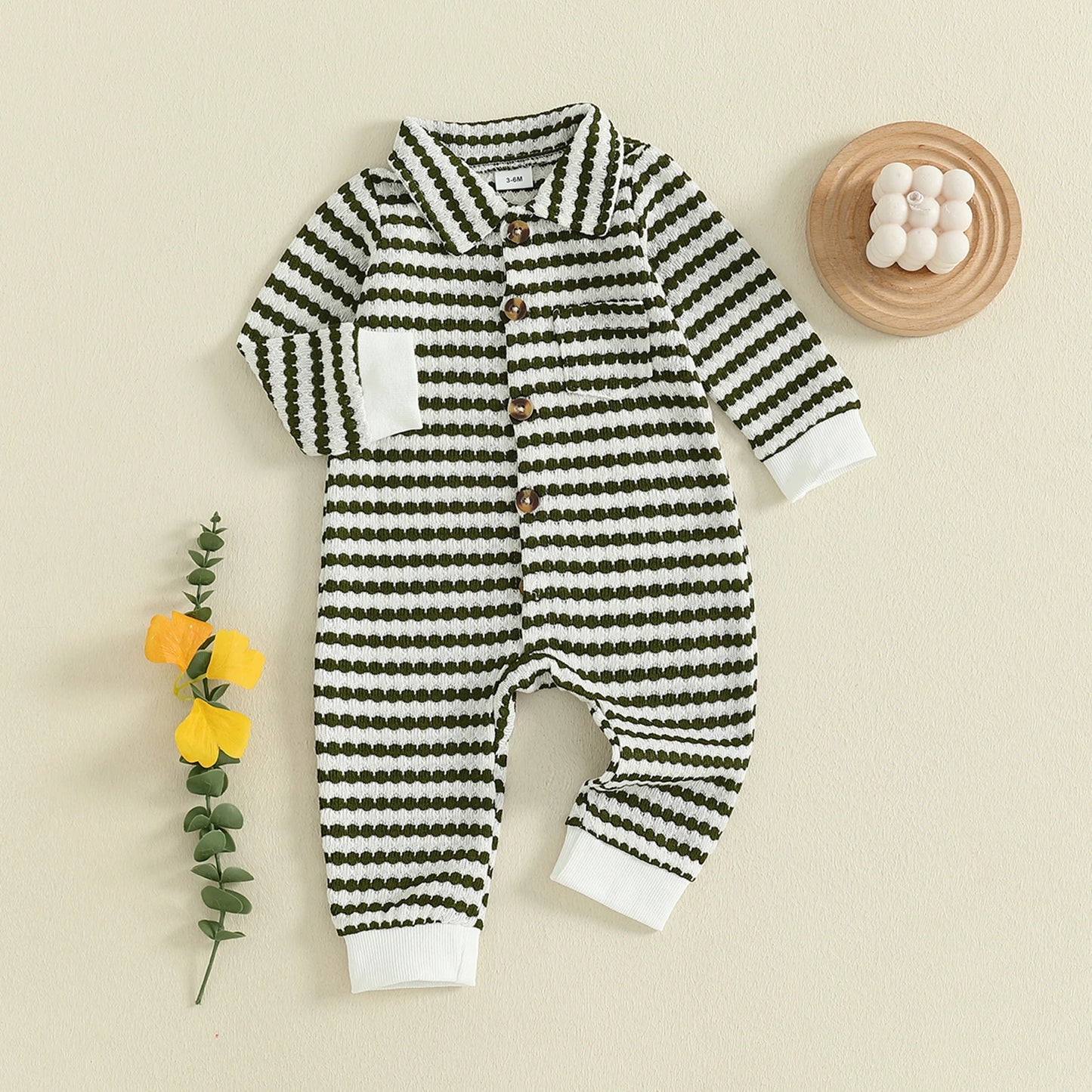 Newborn Baby Fall Winter Jumpsuit Set - Striped Turn-Down Collar Romper & Pants (0-18M)