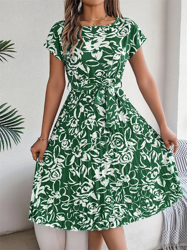 Women's Floral Pleated A Line Long Spring Summer Short Sleeve High Waist Chic Dress