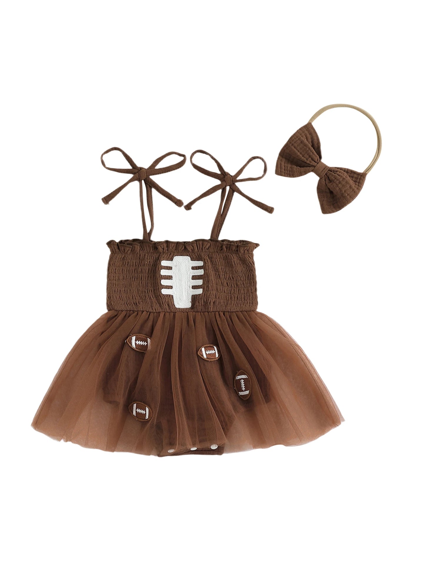 Baby Girls Football Embroidered Romper Dress with Bow Headband (0-18M)