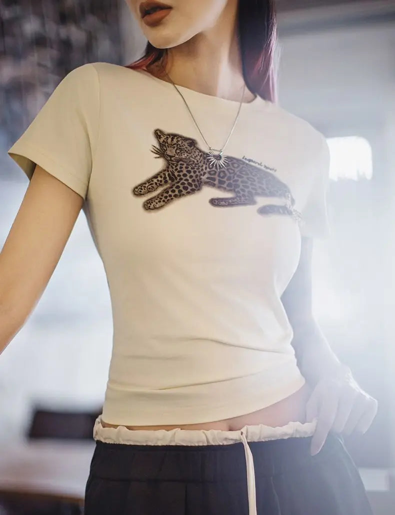 Women's Animal Print Short Sleeve T-Shirt - Vintage Crew Neck Tee