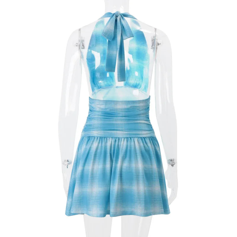 Women's Plaid Gradient Halter Plunge Mini Dress Outfit Summer Backless A-Line Ruched Dress