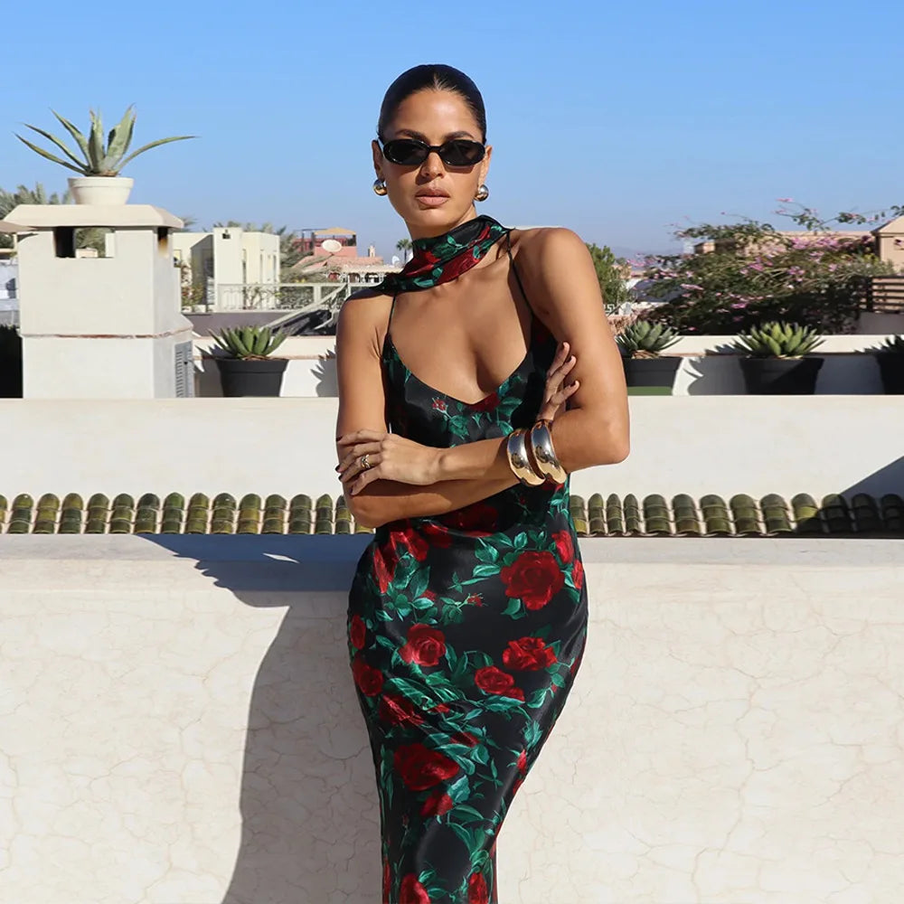 Women's Floral Print V Neck Scarf Draped Maxi Summer Backless Outfit Party Dress