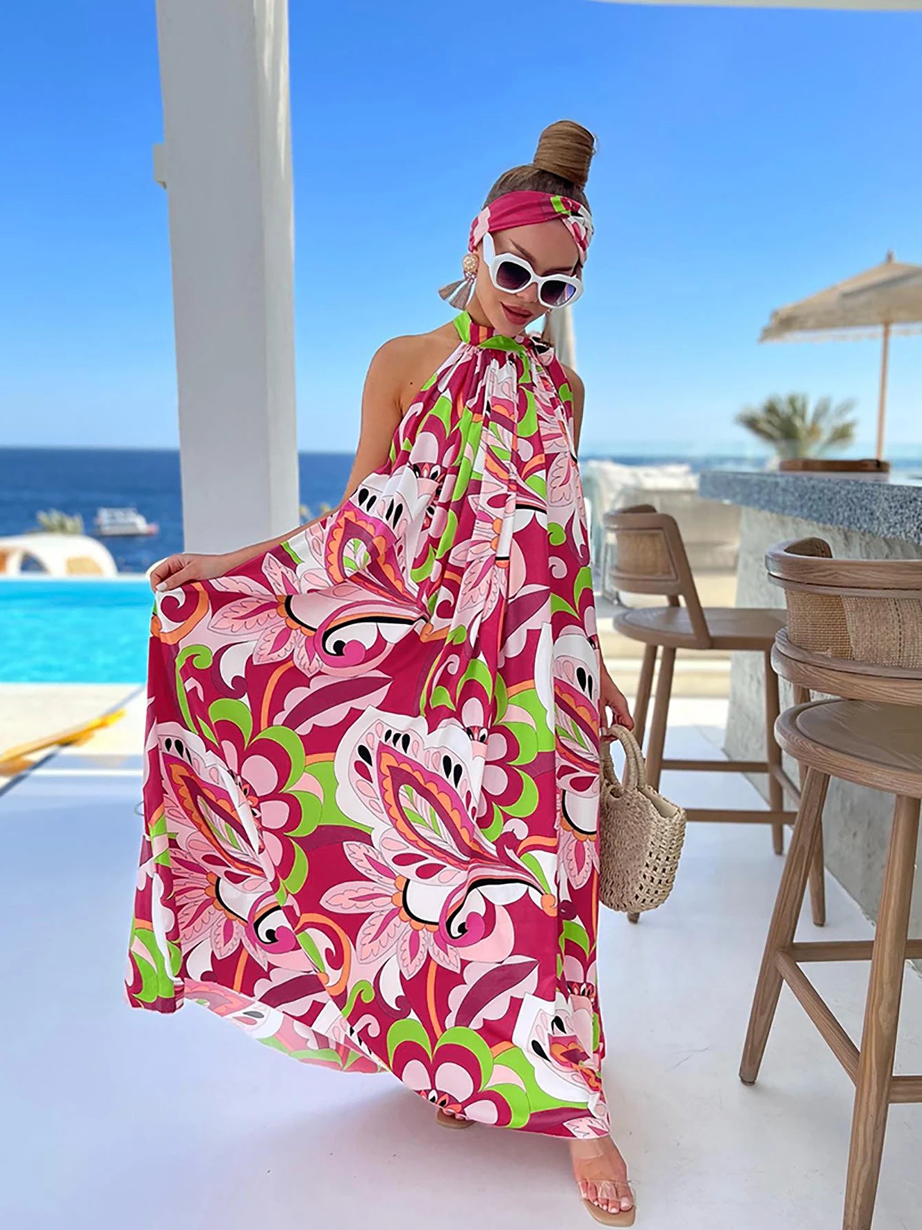 Women's Elegant Floral Printed Long Halter Beach Dress Loose Summer Bikini Cover Up
