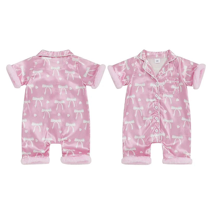 Baby Girls' Satin Romper Pajamas - Bow Print Feather Cuffs Short Sleeve Lapel Jumpsuit