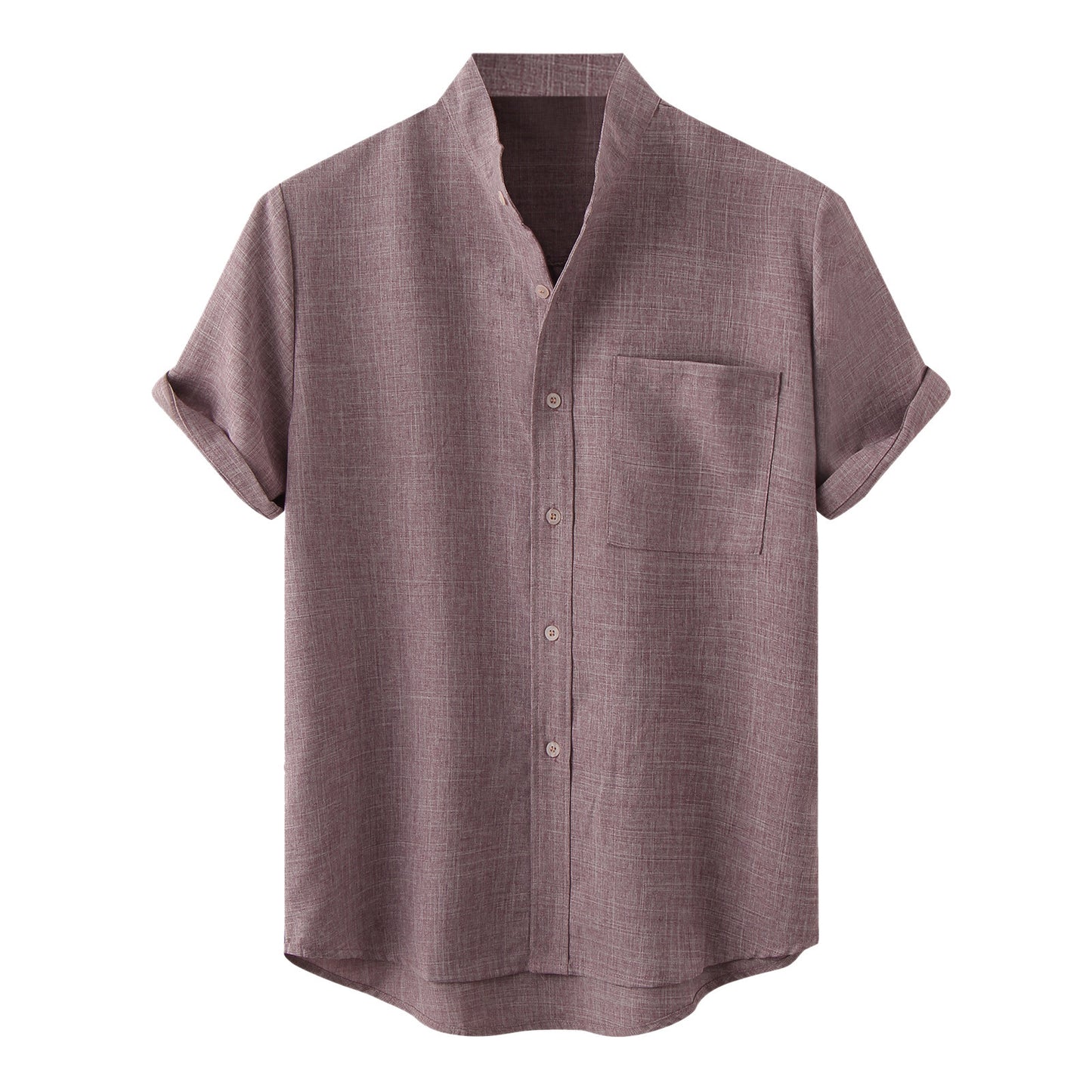 Men's Cotton Linen Short Sleeved Breathable Stand Collar Single Breasted Shirt
