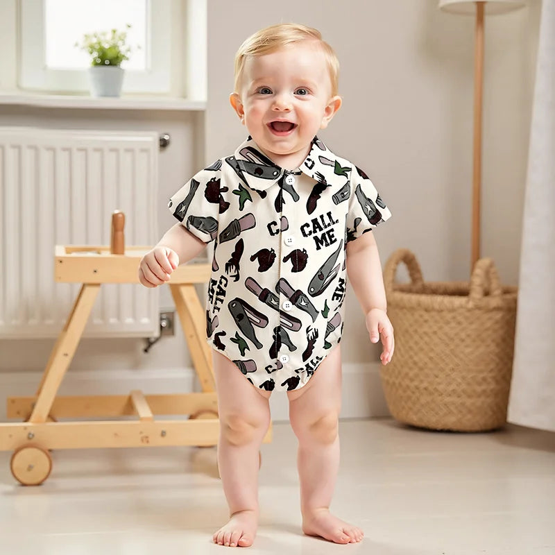 Baby Boys Gentleman Western Romper - Cartoon Print Button-up Bodysuit (0-18M)