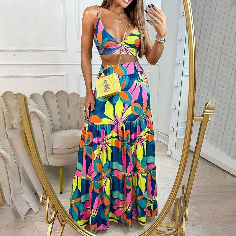 Women's Print Beach Two Piece Skirt White Bra High Waist A-line Long Skirt Beach Set