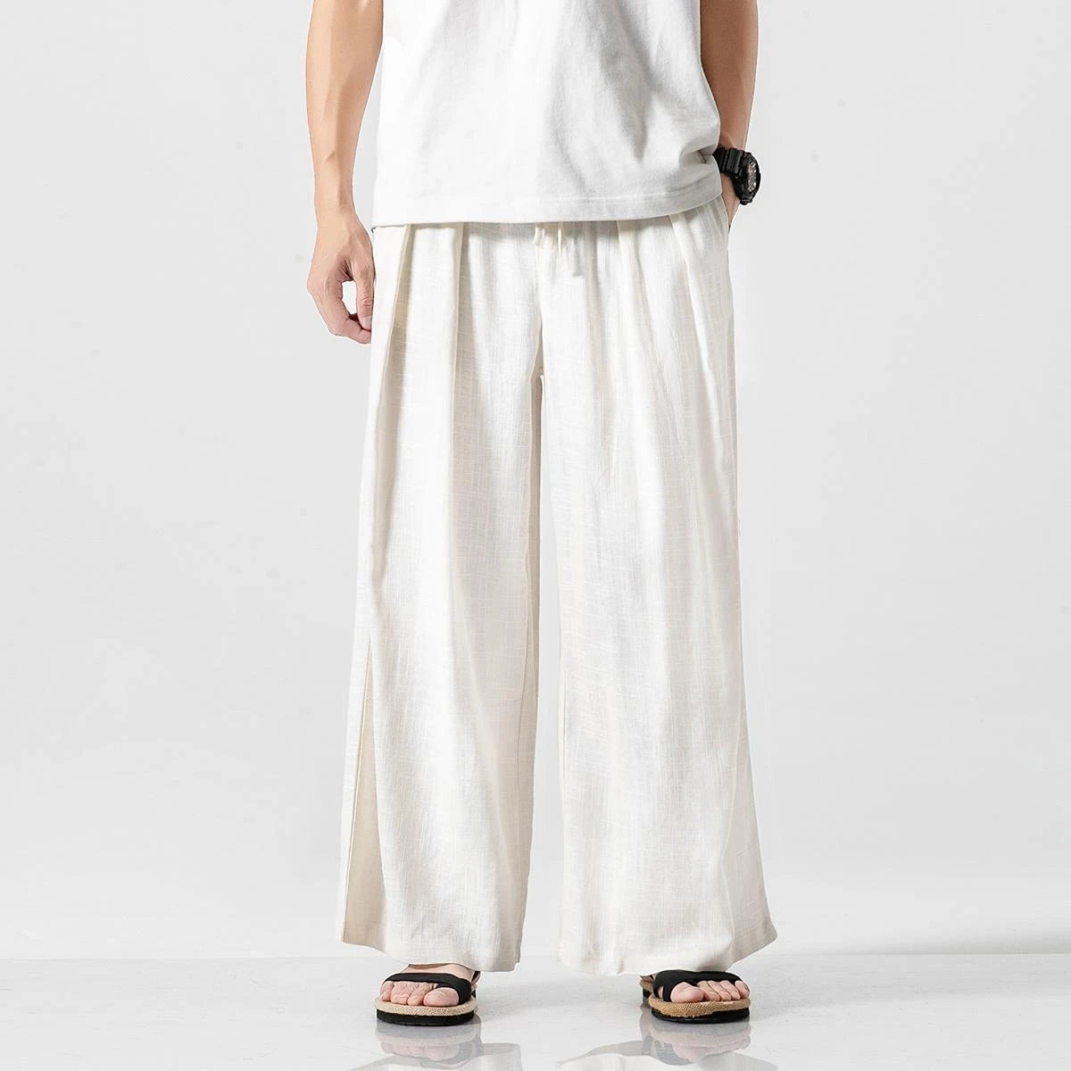 Men's Summer Cotton Linen Casual Chinese Style Loose Harem Straight Lightweight Wide Leg Trousers