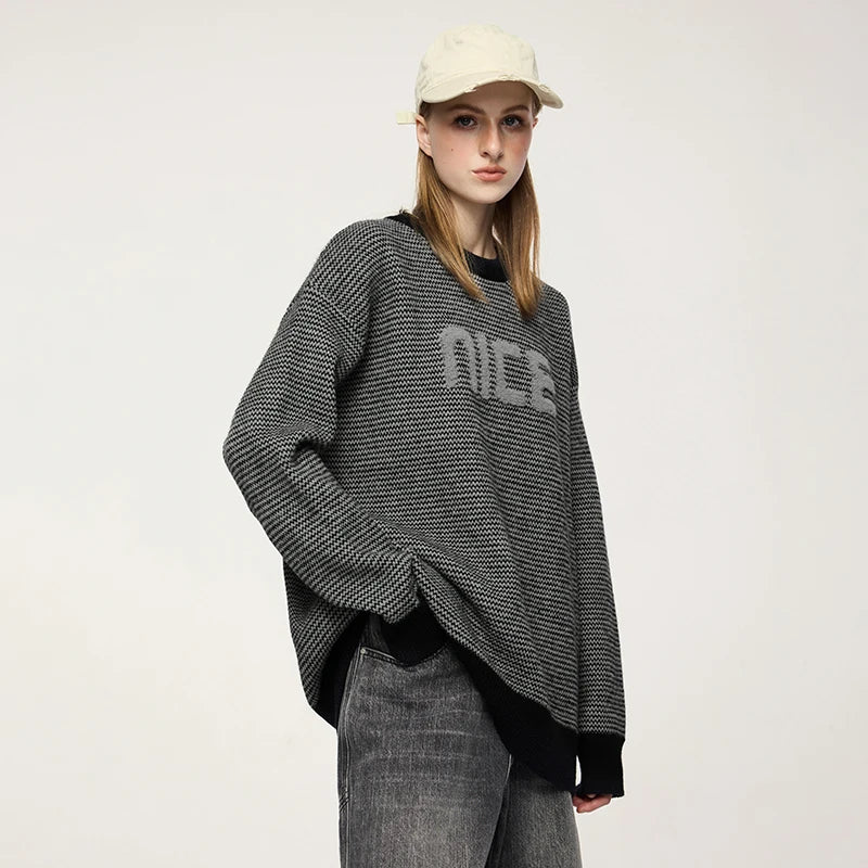 Unisex Letter Print Loose Knit Pullover Sweater