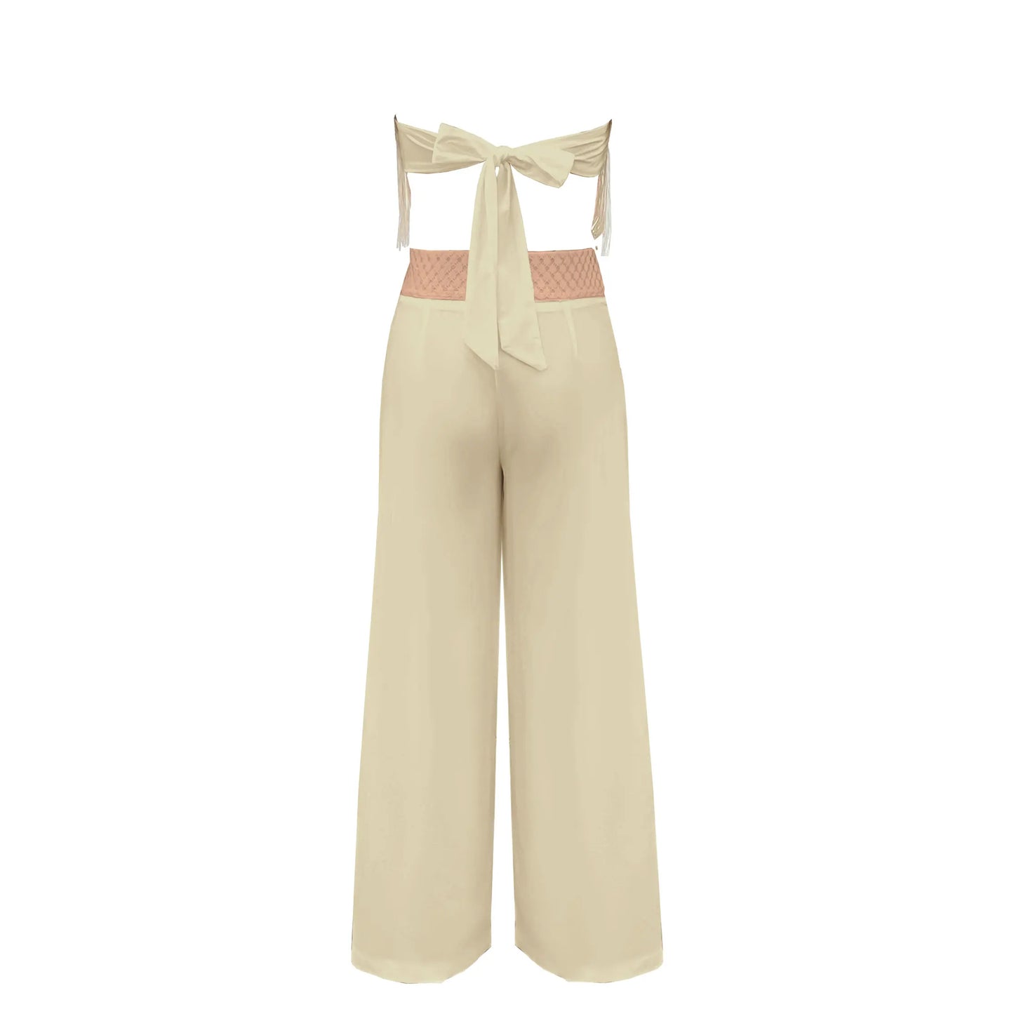 Women's Tassel Pants Set Elegant Bandage Wide Leg Pants Lace Patchwork High Waist Two Piece Set
