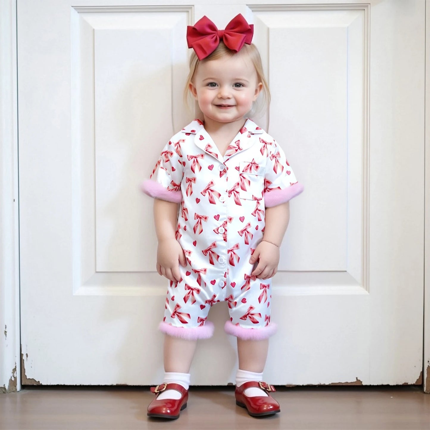 Baby Girls' Satin Romper Pajamas - Bow Print Feather Cuffs Short Sleeve Lapel Jumpsuit