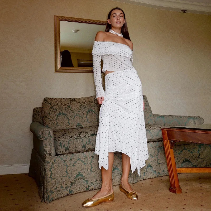 Women'Polka Dot Off Shoulder Two Piece Club Outfit Set