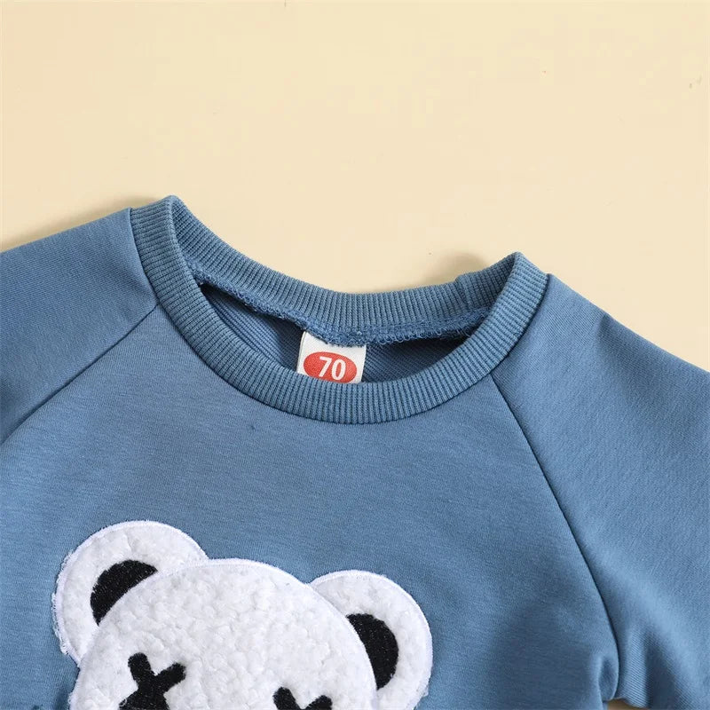 Toddler Boy's 2-Piece Outfit Set - Bear Embroidery Pullover & Drawstring Pants