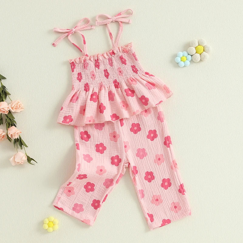 0-4Y Kids Girls Clothes Set Flower Print Sleeveless Lace Up Pleated Camisole with Trousers 2pcs Set