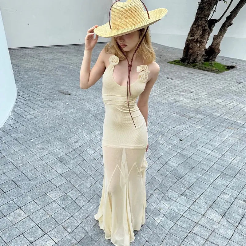 Women's Floral Applique Maxi Summer Halter Neck Plunge Backless Mesh Sheer Dress