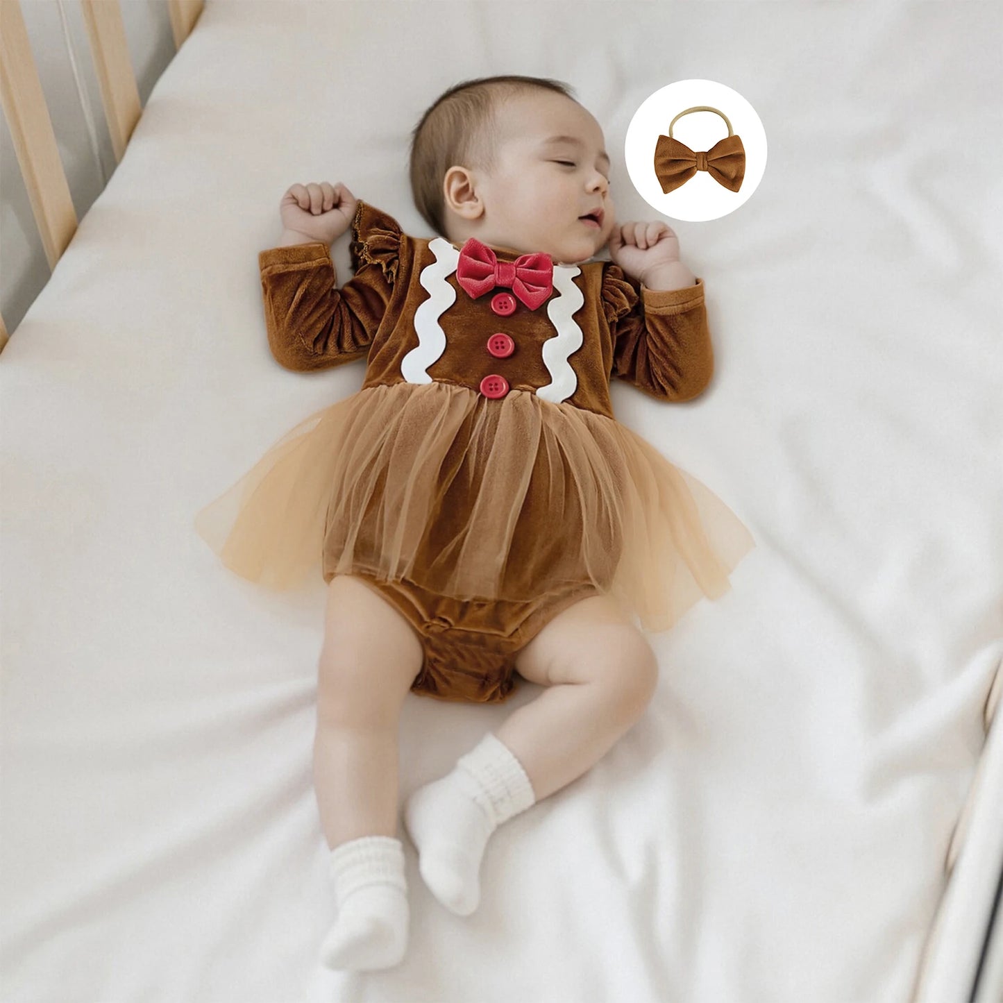 Baby Girls Christmas Gingerbread Man Romper Dress with Bow Headband (0-18M)