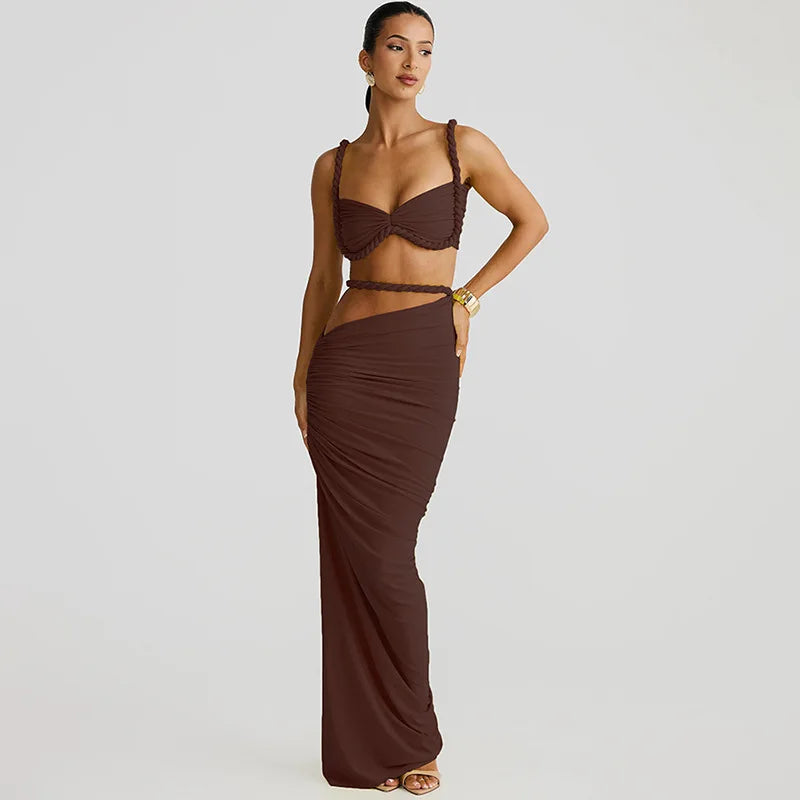 Women's Ruched Bandage 2 Piece Set Backless Decorative Cord Top and Skirt Dress Set