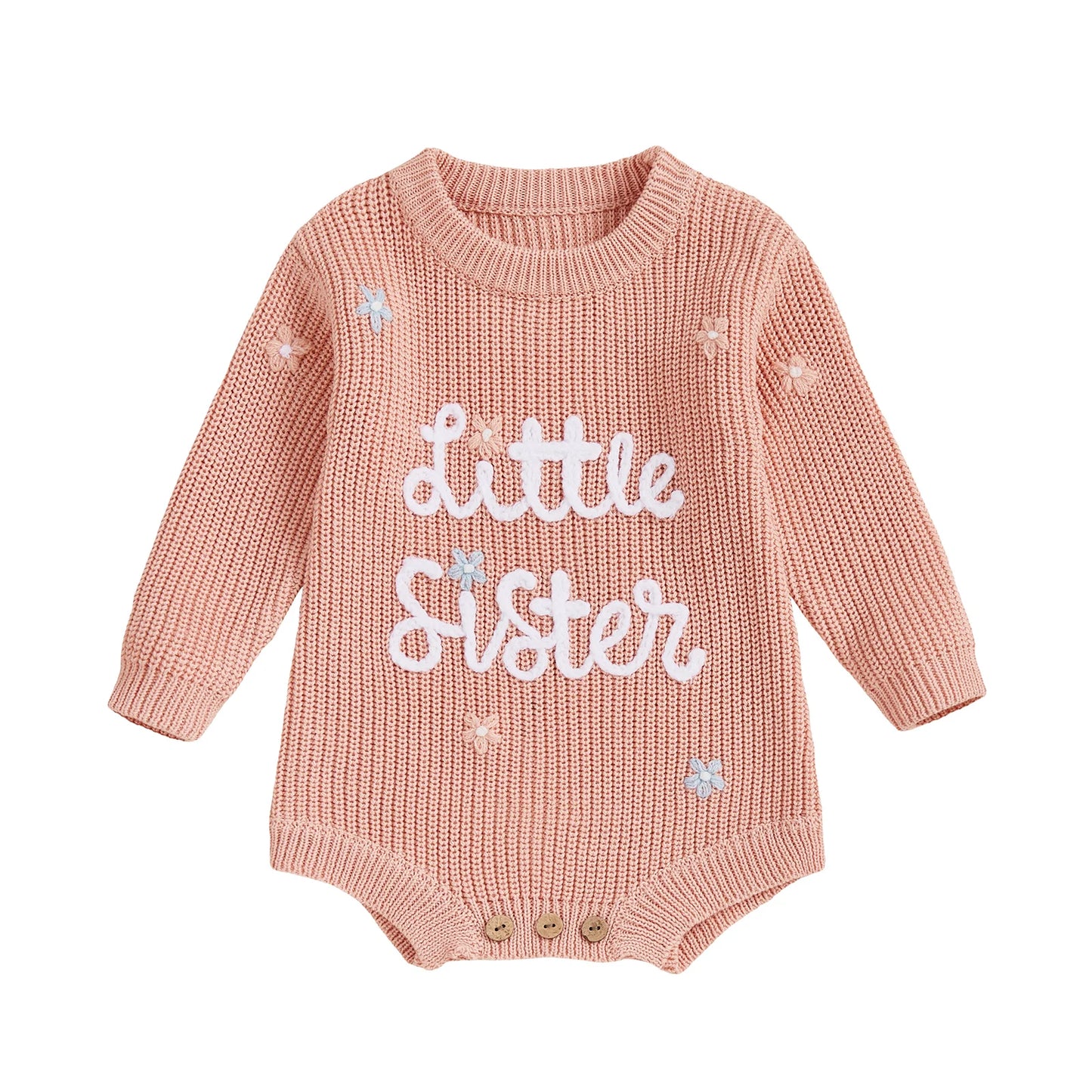 Newborn Baby Sweater Romper - Letter Floral Embroidery Round Neck Knit Jumpsuit
