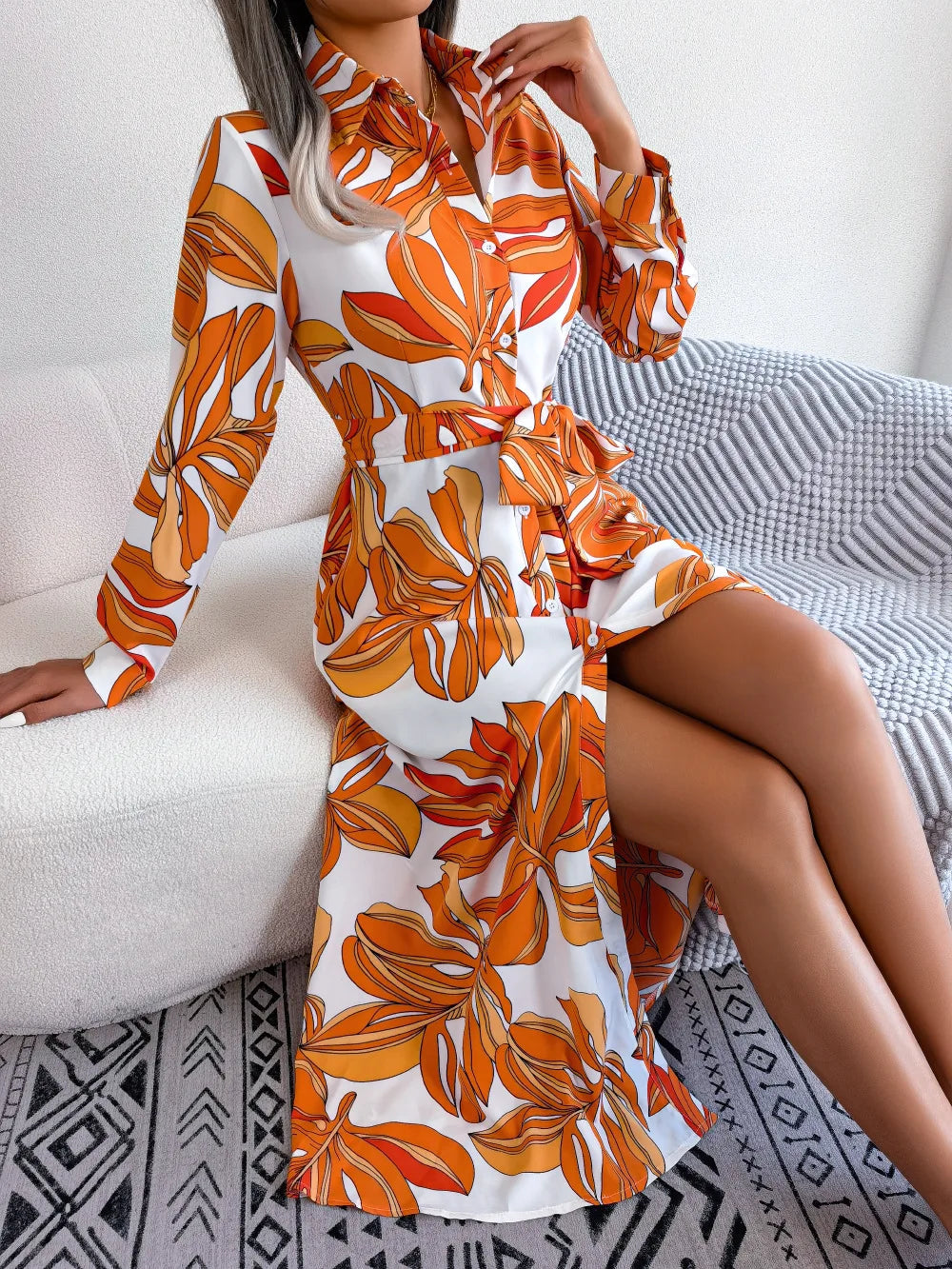 Women's Spring Summer Contrast Floral Polo Collar Lace Up Shirt Single Breasted Long Dress