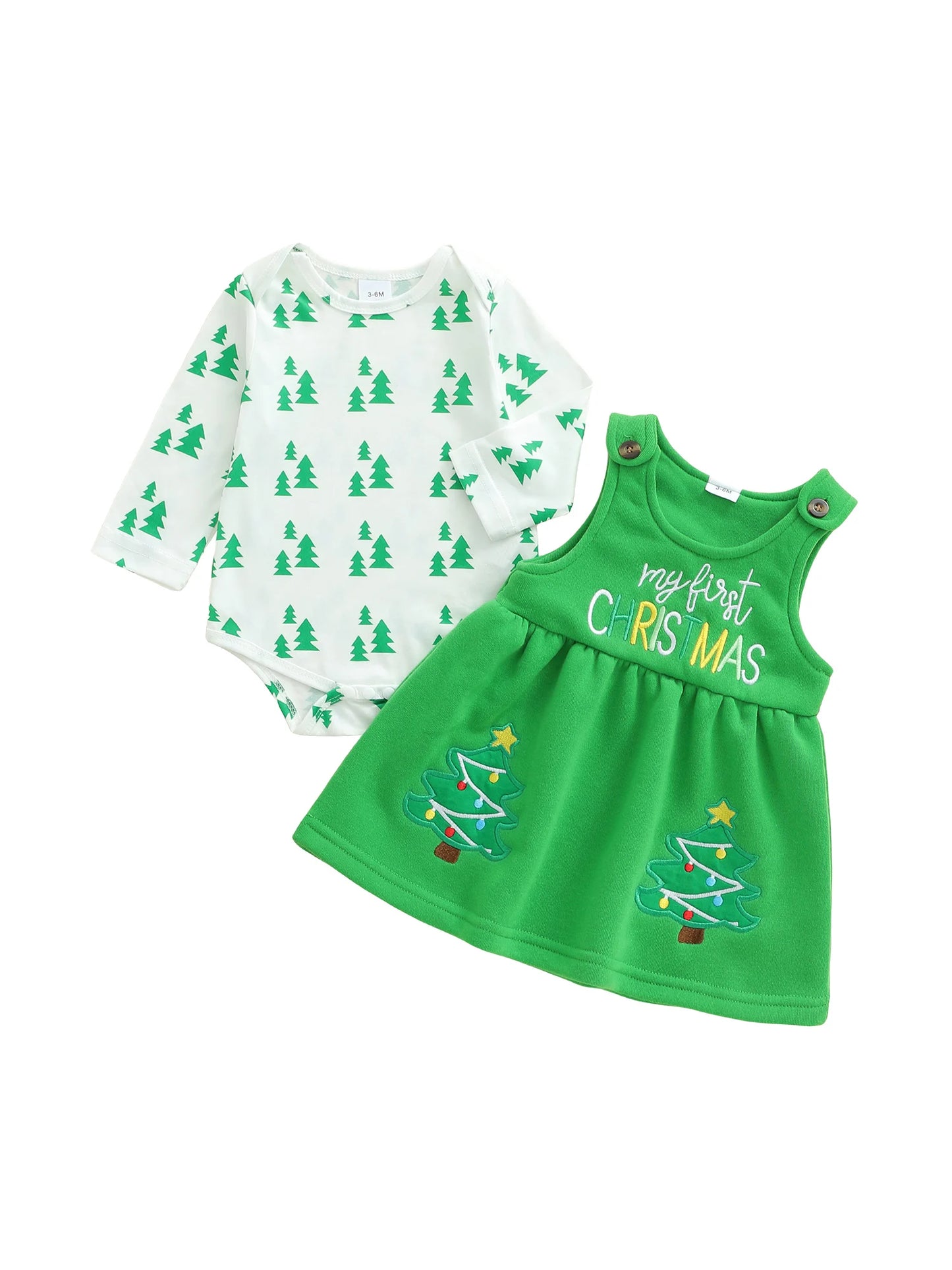 Baby Girls Christmas Clothes Set - Xmas Tree Print Long Sleeve Romper & Letter Embroidery Sleeveless Dress
