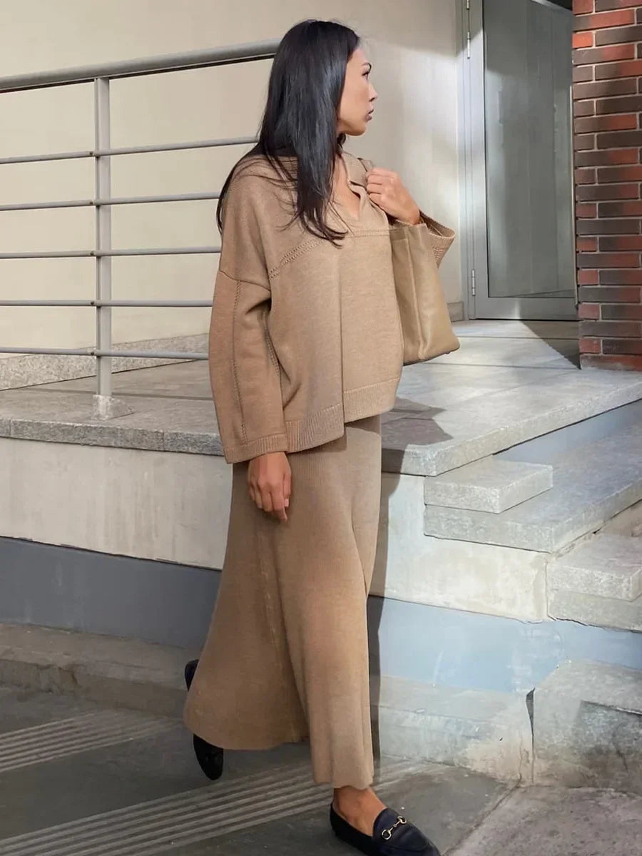 Women's Loose Sweater V-Neck Knit Pullover Top and Long High Waist Skirt 2 Piece Set