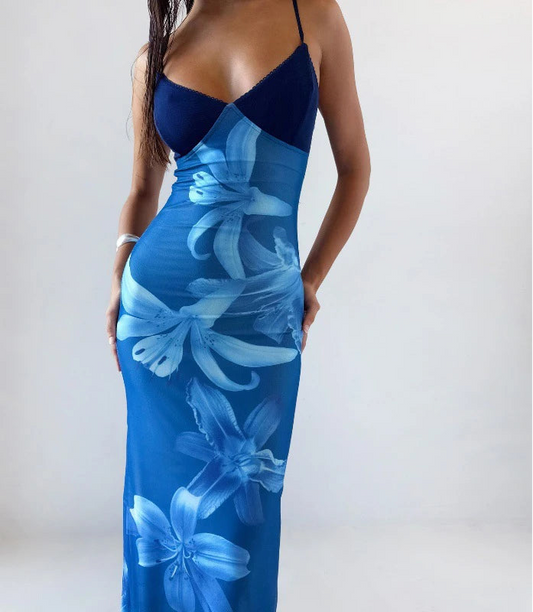 Women's Floral Print Backless Maxi Dress - Summer Slip Bodycon Long Party Dress