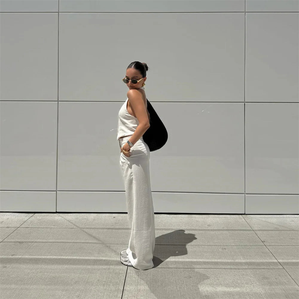 Women's Solid Colour Backless Hanging Neck Collar Vest Long Trousers Set