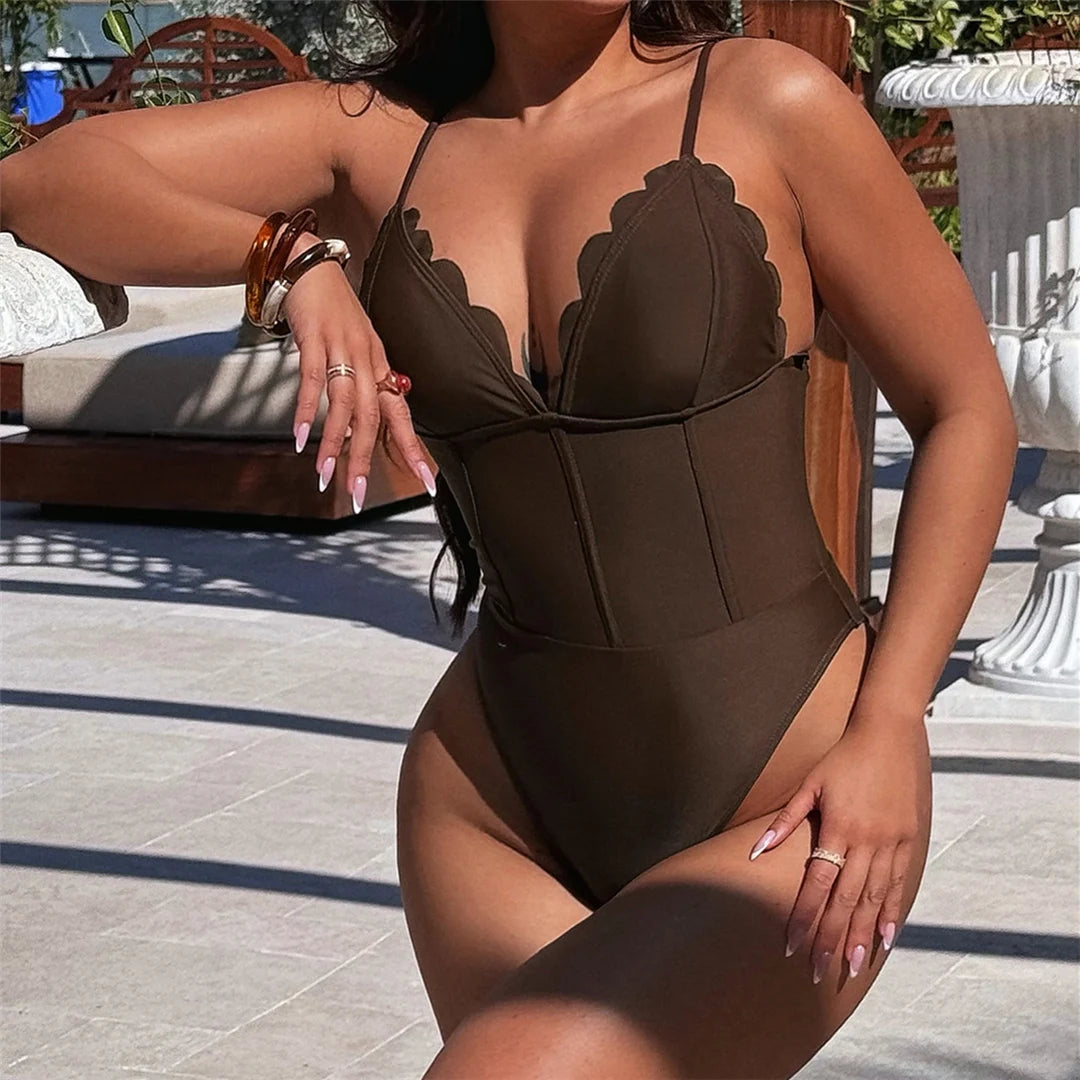 Women's V Neck High Leg Cut Backless Swimwear One Piece Swimsuit