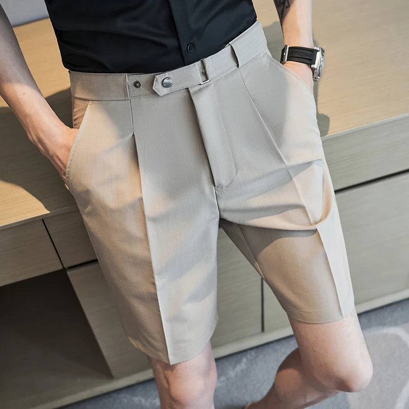 Men's Summer British Style Straight Slim Casual Comfortable Elastic Waist Knee Length Shorts