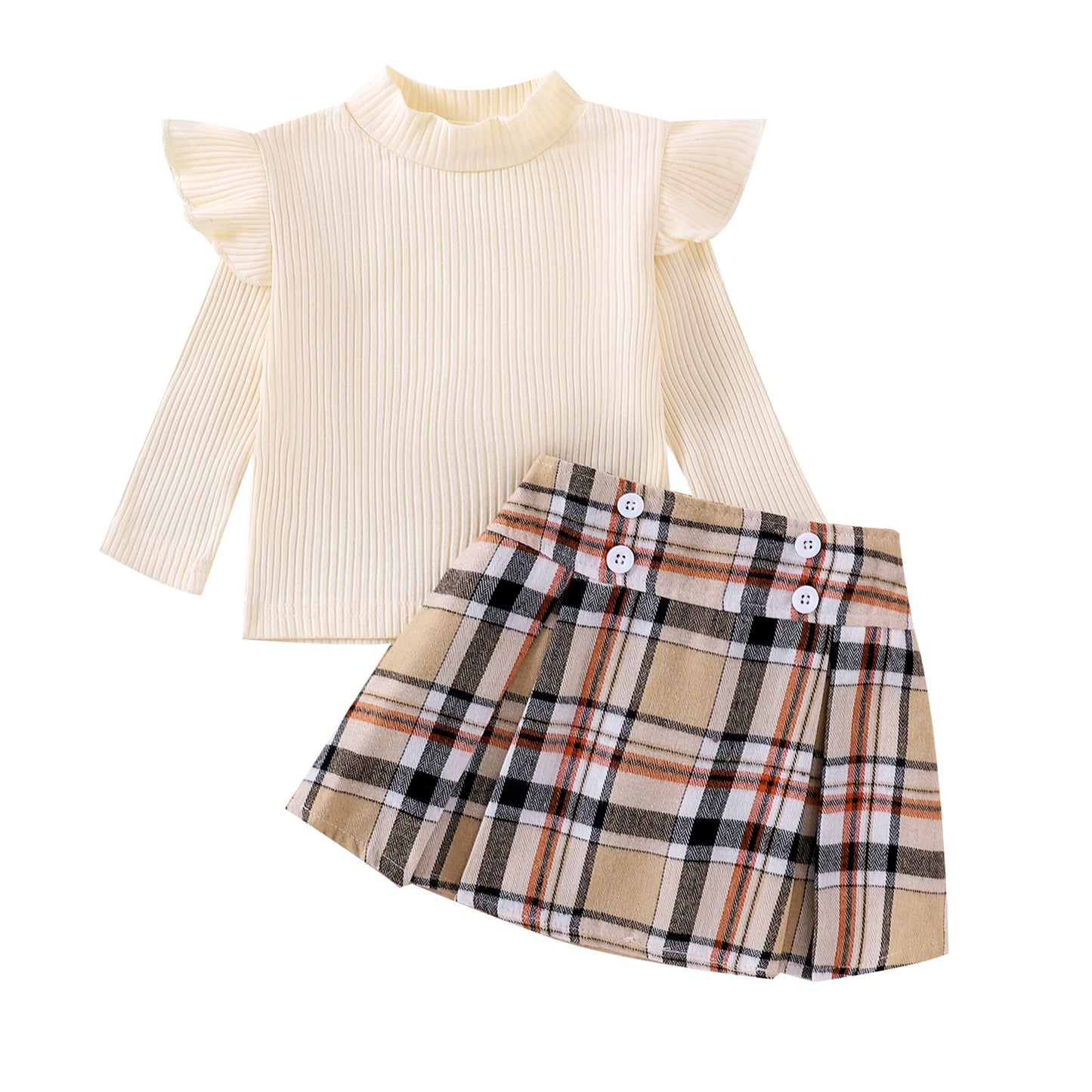 Little Girl Fall Clothes Set - Ruffle Long Sleeve Ribbed Top & Plaid A-Line Skirt