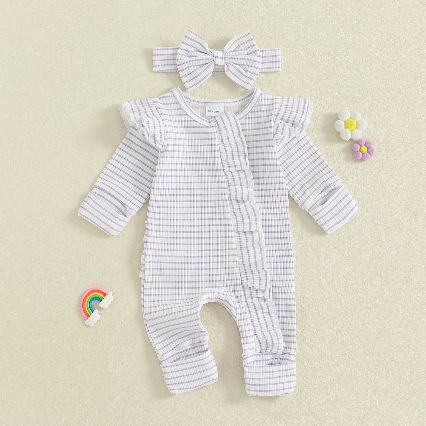 Newborn Baby 2-Piece Romper Outfit Set - Striped Jumpsuit with Headband