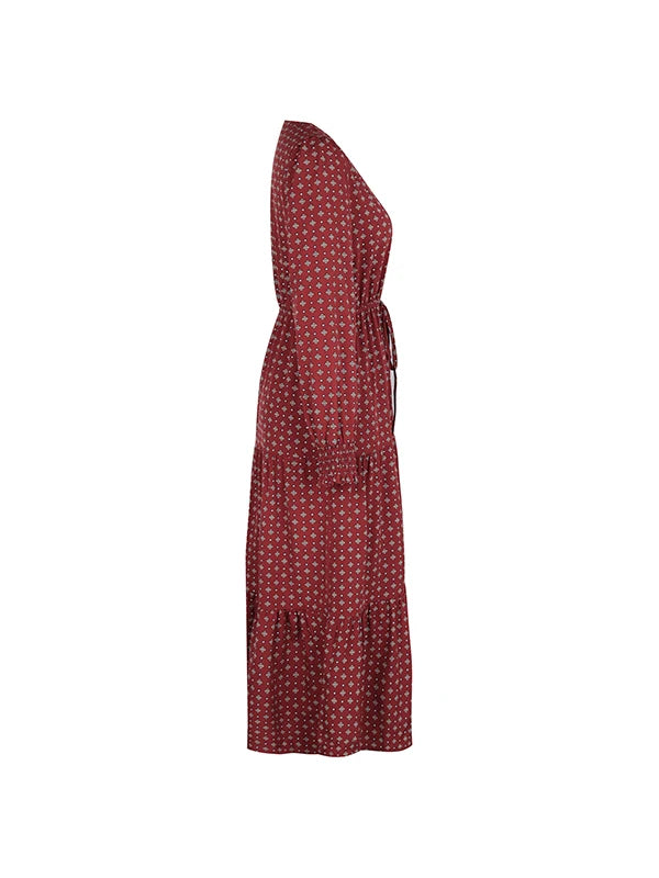 Women's Autumn Winter Long Sleeve Print V-neck Chiffon A-Line Knee Length High Waist Dress
