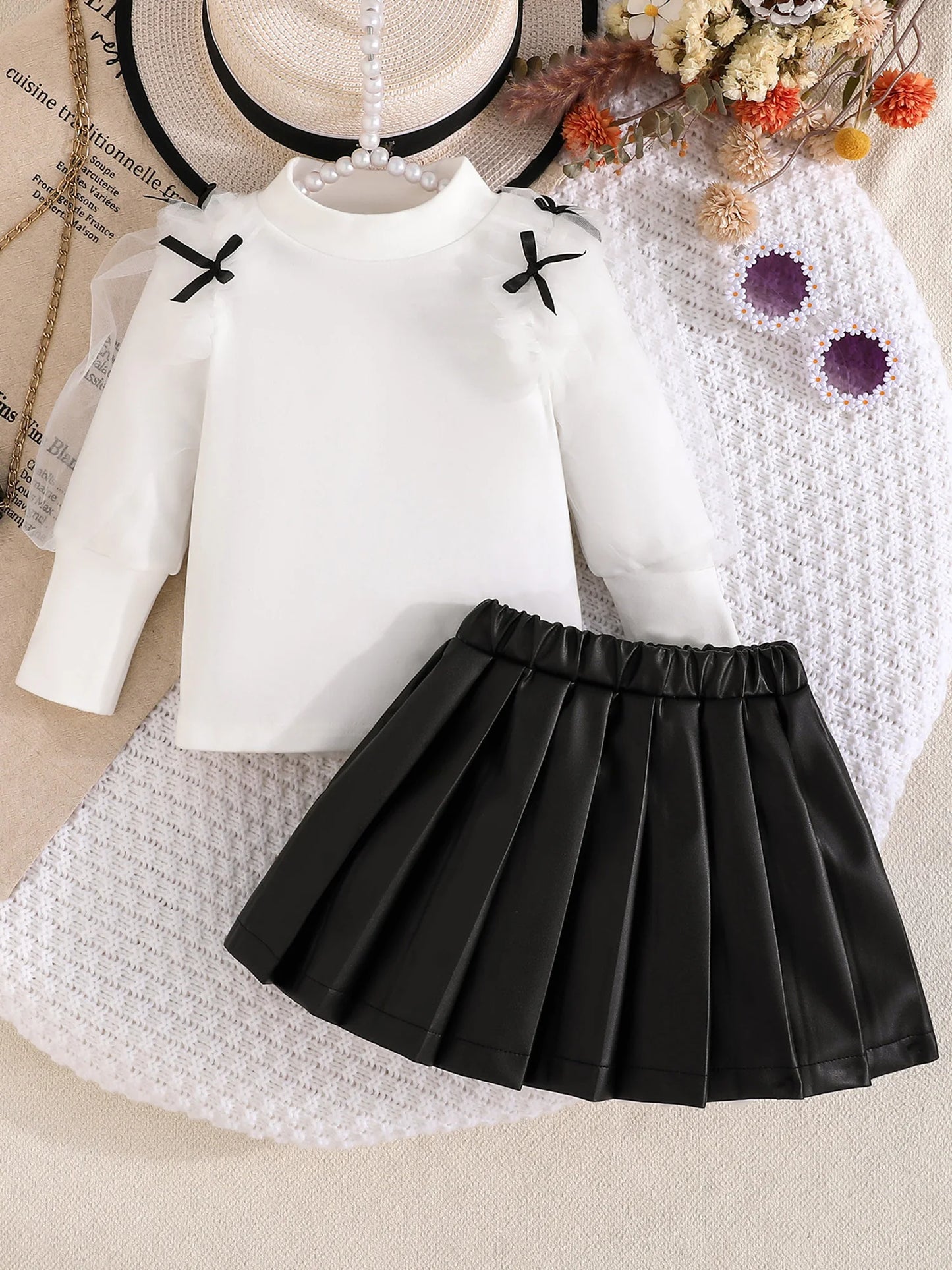 Toddler Kids Girls Fall Clothes Set - Mesh Bow Mock Neck Long Sleeve Top & Pleated Skirt